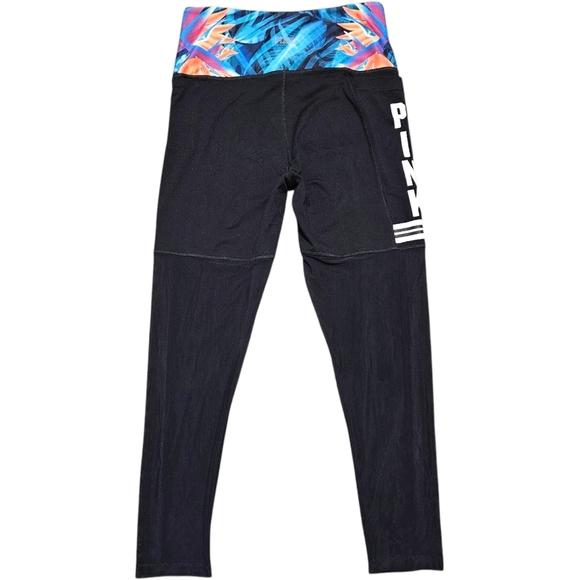 VS PINK Ultimate Leggings M Ankle Length Black Mesh Tropical Waistband Spellout - Picture 3 of 12